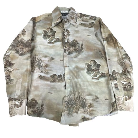 Chemise Et Cie Button Down Shirt Oriental Mist Polyester Vintage 70s Mens M - Picture 1 of 8